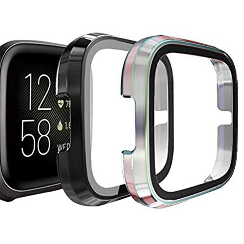 Seltureone 【2個セット】 Fitbit Versa2 充電可能保護ケース PCフレーム 強化ガラスフィルム 一体感 反応速い 着脱簡単 耐衝撃 純正充電器で充電可能 ブラック 透明カラー ブラック カラフル