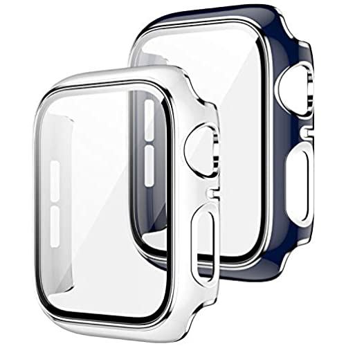 【2枚入り】コンパチブル Apple watch ケース 強化フィルム 一体型 アップルウォッチケース 超薄型 耐衝撃 傷防止 液晶全面保護 カバー 高透過率 指紋防止 iWatch Series 44mm ブルー/シルバー、ホワイト/シルバー 2枚