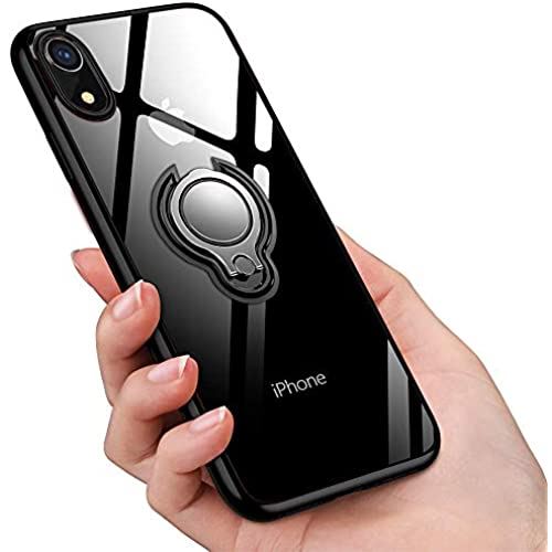 iPhone XR ケース リング 透明 クリア リング付き tpu シリコン スリム 薄くて軽い耐衝撃 磁気カーマウントホルダー車載ホルダー対応 全面保護 アイフォンXRケース 滑り防止 一体型 人気 防塵 携帯カバー ... ブラック