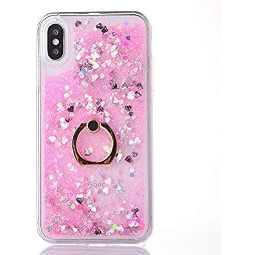 iPhone XS ケース/iPhone X ケース 携帯Case 保護バンパー 流砂カバー TPU PC リング付き スタンド機能 流れるケース 天然オイル 流れハート 液体ケース GRACEZING 透明 キラキラ ... iPhone XS/ iPhone X ピンク + ハート