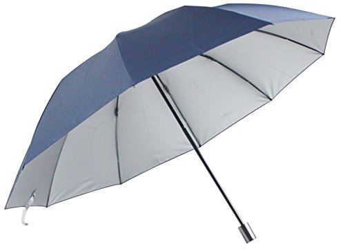 男性用の晴雨兼用日傘 折りたたみ傘 特大 UV99%カット 2段式 丈夫な10本骨 裏シルバー (紺)