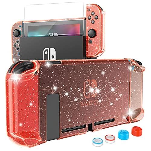 Switch カバー HEYSTOP ニンテンドースイッチ カバー キラキラ スイッチ専用 スイッチ カバー＋Switchガラスフィルム1枚＋親指キャップ4枚 ドック対応 超薄型 着脱簡単 耐衝撃 指紋防止 高透過率 ピンク