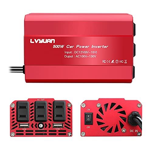 Yinleader インバーター 12V 定格500W(最大1000W) DC（直流）12V AC（交流）100V [車載充電器、車中泊グッズ スマホ充電 、急速充電器 、シガーソケット]ACコンセント×3、USB ...