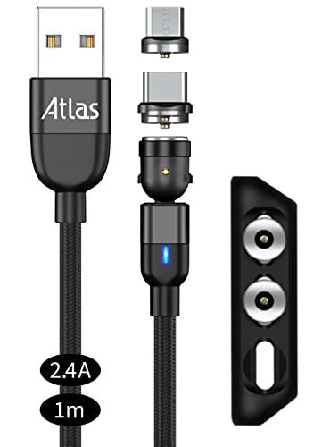 株 アトラス マグネット充電ケーブル 1m x 1本 黒 2.4A 急速充電/マグネット端子 ：MicroUSB Type-C/端子ケース付き/アンドロイド スマートフォン用 2.4A/1m 黒 1本