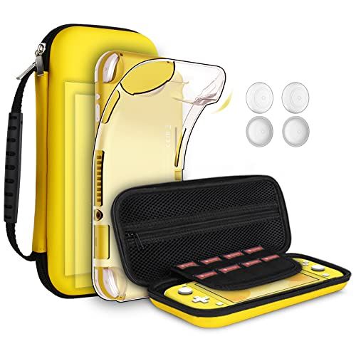 GeeRic スイッチライト 対応 ケース 保護セット Switch Lite 対応 シリコン ケース Switch Lite 対応 ガラスフィルム 2枚 Switch Lite 対応 収納 ハードケース 親指キャップ 4個入り スイッチ ライト 対応 収納 カバー 黄色い イエロー
