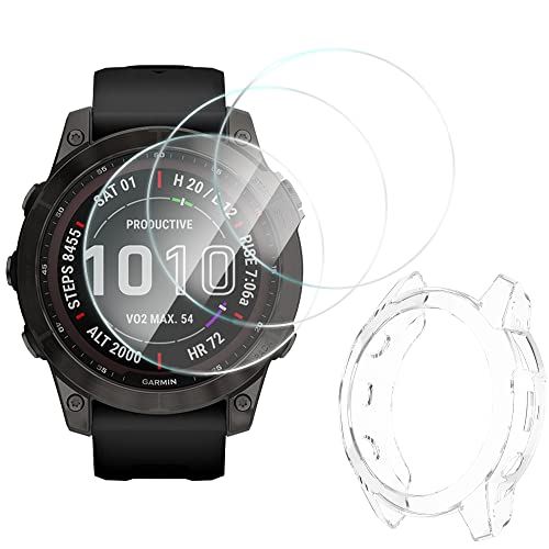 HeeNia Garmin Fenix 7 47 mm/7 Solar 対応 保護フィルム* 3枚+保護ケース* 1枚カバー 軽量シリコン 9H硬度 強化ガラス 高透過率 擦り傷防止 ガーミン 用 クリア