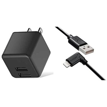 【A-L L字ケーブルセット】 エレコム USB コンセント 充電器 合計12W USB-A×2 【 iPhone (iPhone13シリーズ対応) / Android/タブレット 対応 】 キューブ型 ブラック 【ケーブルセット】 ライトニングケーブル