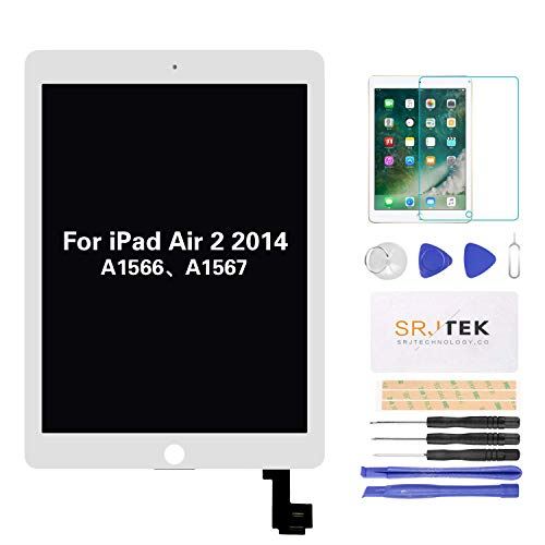 SRJTEK For Apple iPad Air 2 9.7" 2014 A1566 A1567 交換修理用lcdとタッチスクリーン アセンブリ、液晶とフロントパネル、外部と内部スクリーン、タブレットディスプレイ ホワイト