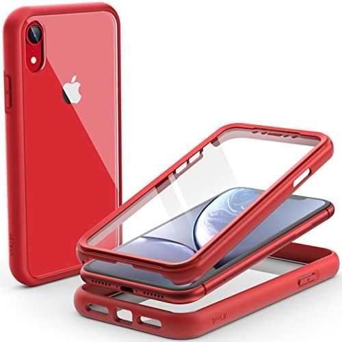 JEDirect iPhone XR ケース 6.1インチ用 傷つけ防止 液晶保護フィルム内蔵 フルボディ 360°全面 保護カバー クリアバック (レッド)