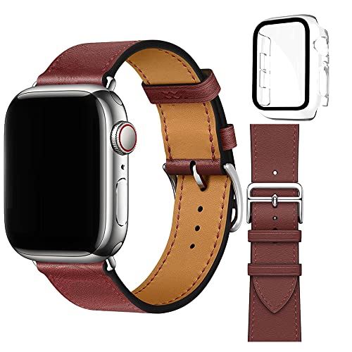 万屋-JP(工場直販) ベルトが適用 Apple Watch 45mm/44mm/42mm兼用 レザーバンド 7世代専用フィルム付き透明保護カバー付きます ベルトが適用Apple Watch Series 7~1世代 ルージュH