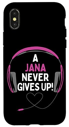 iPhone X/XS ゲーム用引用句「A Jana Never Gives Up」ヘッドセット パーソナライズ スマホケース