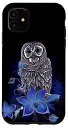 iPhone 11 かわいい紫のフクロウの枝 黒いフライに青い花 野生動物 スマホケース