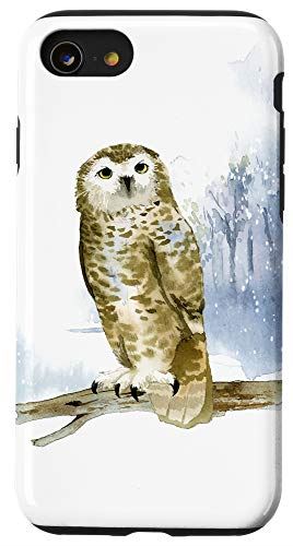 iPhone SE (2020) / 7 / 8 雪の中の枝にとまるフクロウ 冬 森 野生動物 ブラウン ブルー スマホケース