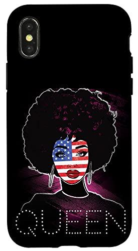 iPhone X/XS ブラック アフロ アメリカン ビューティフル ウーマン ガール アメリカ国旗 愛国 スマホケース