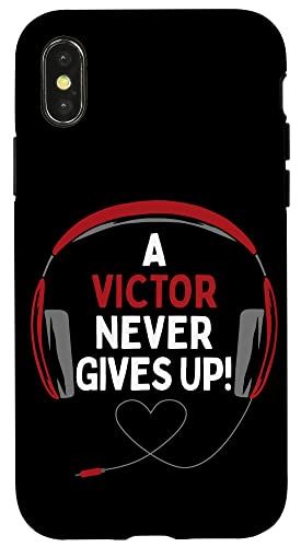 iPhone X/XS ゲーム用引用句 A Victor Never Gives Up ヘッドセット パーソナライズ スマホケース