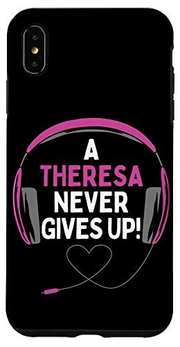 iPhone XS Max ゲーム用引用句「A Theresa Never Gives Up」ヘッドセット パーソナライズ スマホケース