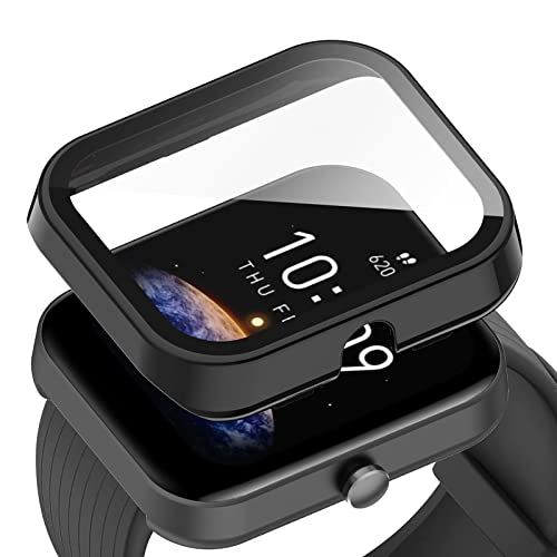 アマズフィット スマートウォッチ レディース For Amazfit Bip 3/Bip 3 Pro ケース カバー ガラスフィルム 一体型 Ubefuu 全面保護 高透過率 高感度タッチ 軽量 衝撃吸収 指紋防止 防水防塵（ブラック）