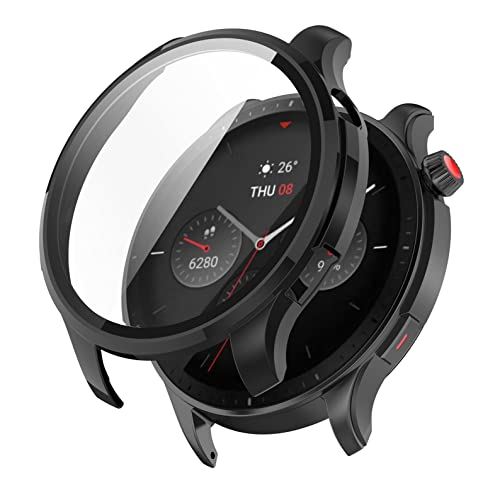 SHEAWA Amazfit GTR 4用ケース カバー PC+強化ガラスフィルム 9H硬度 一体型保護ケース 耐衝撃 全面保護 アクセサリー (ブラック)