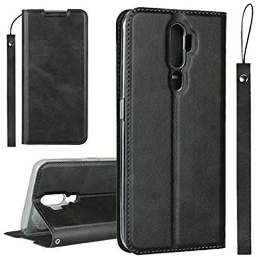 Oppo A5 2020 ケース カバー オッポ OPPO A5 2020 SIMフリー 対応 スマホケース 手帳型 カバー case 【iCoverCase】 内蔵マグネット 磁気閉鎖 ベルトなし スマホケース カード入れ付き スタンド機能 軽量 スプラットホール付き スプラット同梱 落 ブラック / ストラップ同梱