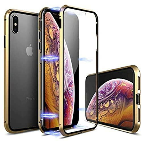 【YMXPY】 iPhone Xs iPhone X ケース 前後両面ガラス付き アルミバンパーカバー 【360° フルボディ全面保護】【16ヶ所マグネット式メタルフレーム】【ワイヤレスチャージ対応】 (iphoneX/iphoneXs, 金×金・表面ガラス付き)