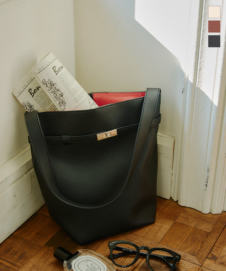 ≪1/19 新発売!!3490円 送料無料≫ ベルト デザイン バイカラー バケツバッグ レディース 鞄 カバン [B1607] かばん バッグ ショルダー 通勤バッグ お弁当バッグ フェイクレザー 合皮 バイカラー 筒バッグ 白 アイボリー ブラック 黒 ブラウン 茶 内ポケット【送料無料】のサムネイル