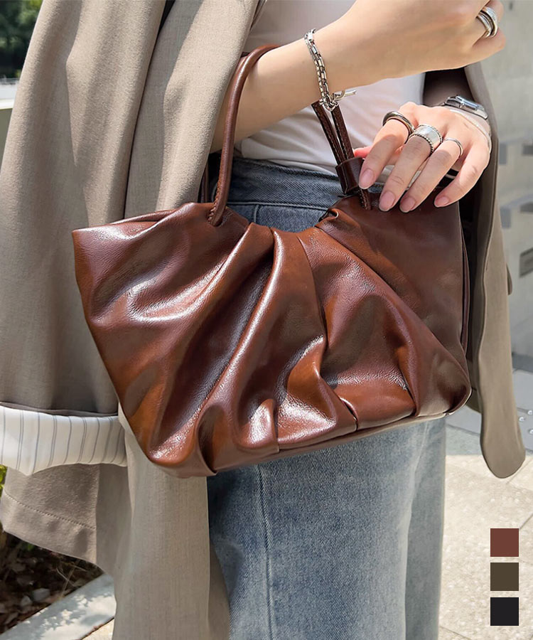 ≪11/27 24Hセール1690円 送料無料≫ ハンドバッグ レディース フェイクレザー [B1638] レディース バッグ バック 鞄 カバン ショルダーバッグ ショルダー 肩掛け 斜め掛け ストラップ 合皮 ギャザーバッグ ギャザー マチあり マチ付き ファスナー 20代 30代【送料無料】のサムネイル