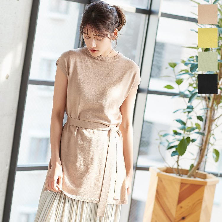 ウエストリボン付サイドスリットニット [C4467] レディース トップス ニット ノースリーブ サイドスリット 春 春ニット ゆったり きれいめ おしゃれ フレンチスリーブ ベルト ロング チュニック 体型カバー 無地 黒 イエロー 30代 40代 50代のサムネイル