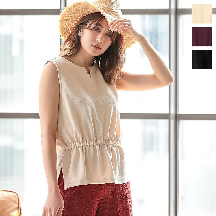 カットジョーゼットキーネックトップス [C4814] レディース トップス ノースリーブ ブラウス 夏 ジョーゼット プルオーバー おしゃれ 大人可愛い キーネック 無地 カットソー 黒 ペプラム ゆったり きれいめ サイドスリットのサムネイル