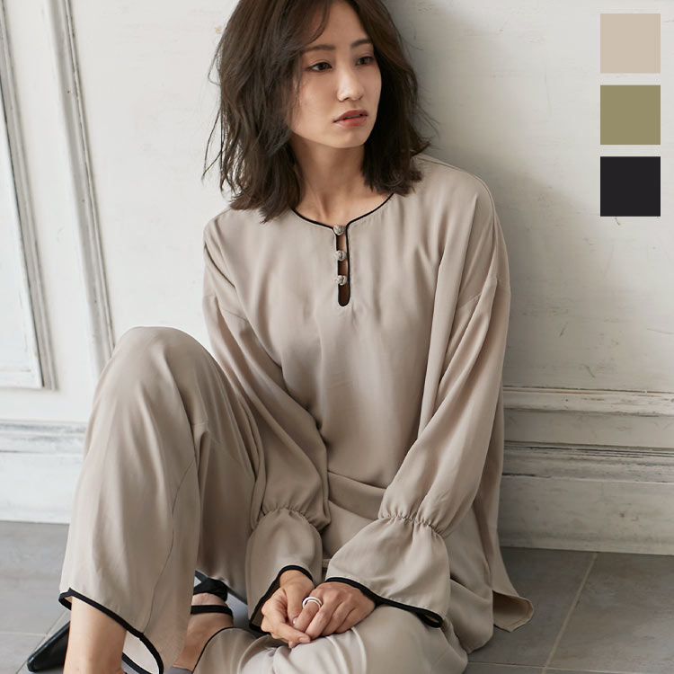 ≪2222円セール≫ パイピングチャイナブラウス [C4889]【入荷済】 レディース トップス ブラウス チャイナボタン スリット ゆったり 秋 長袖 とろみ プルオーバー セットアップ ギャザー ジョーゼット キャンディースリーブ 黒 無地 ベージュ カーキ【送料無料】