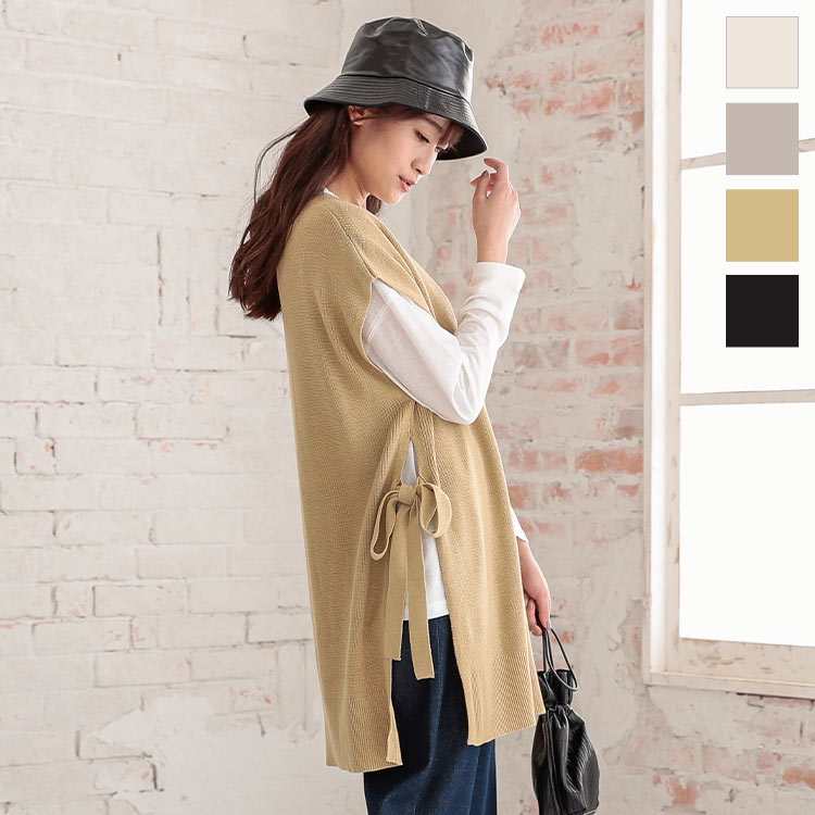 [ 2点セット ] ロングTシャツサイドリボンVネックニットベスト [C4916] レディース トップス ニット ロンT 秋 冬 秋冬 ノースリーブ ベスト おしゃれ ニットベスト ロング サイドリボン vネック スリット【送料無料】 30代 40代 50代のサムネイル