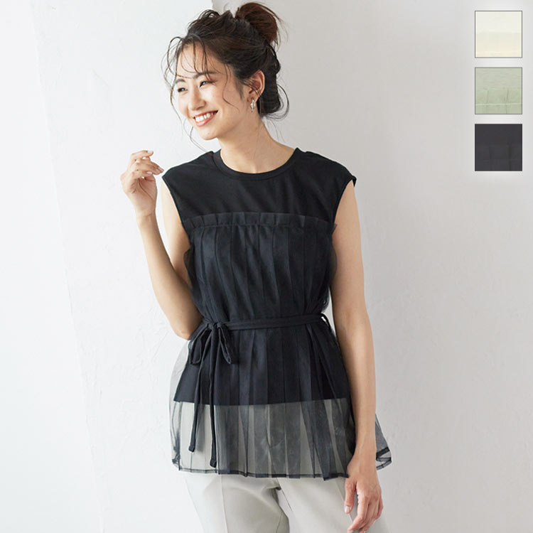 特別セール★チュールプリーツブラウス [C5447] レディース トップス フレンチスリーブ 大人 可愛い フェミニン 白 黒 春夏 春 夏 ブラウス カットソー チュール プリーツ シアー おしゃれ きれいめのサムネイル