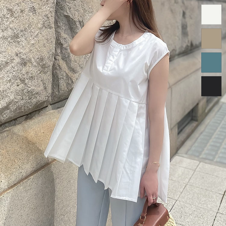 プリーツ切替バンドカラーシャツ [C5477] レディース トップス フレンチスリーブ 涼しげ ゆったり 体型カバー 上品 大人 シャツ ブラウス 春 春夏 夏 おしゃれ きれいめ 白 黒 バンドカラー プリーツ ペプラム フレア 大人可愛いのサムネイル