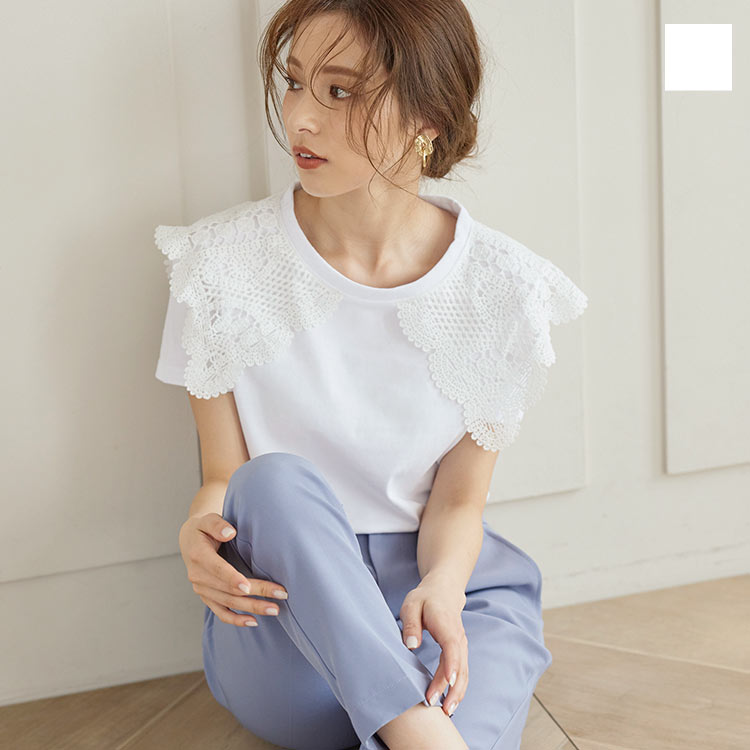 レースビッグ襟付き半袖カットソーTシャツ [C5479]レディース トレンド レイヤード 着回し インナー 白 ホワイト 韓国 夏 半袖 夏 Tシャツ シャツ インナー かわいい おしゃれ ビッグカラー 襟【送料無料】 30代 40代 50代のサムネイル