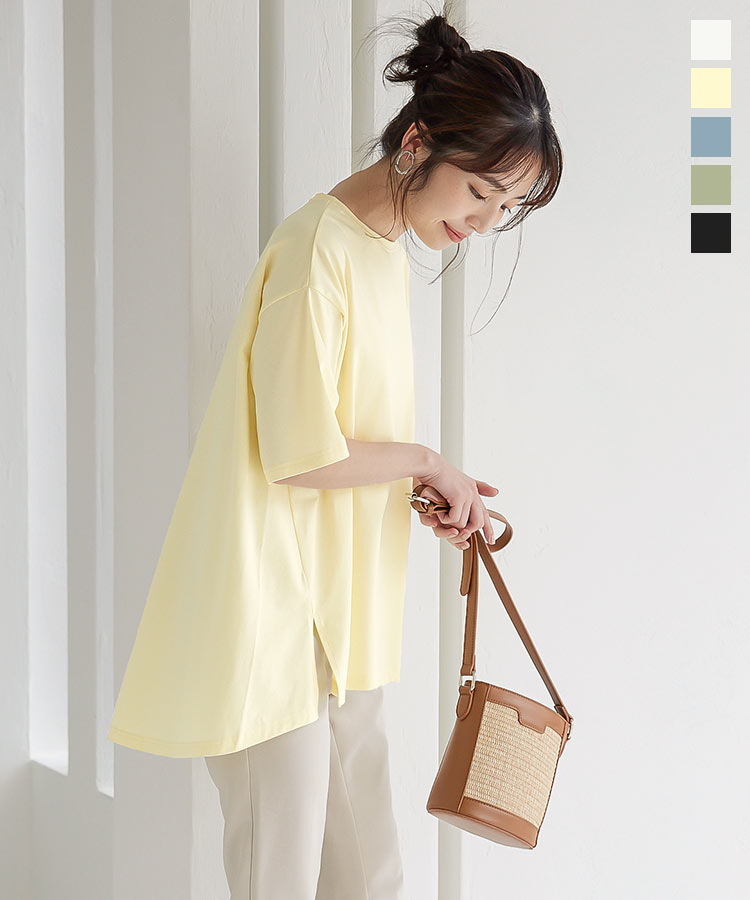 シルケットフレアTシャツ [C5485] レディース トップス 半袖 サイドスリット 体型カバー フィッシュテール 無地 シンプル レイヤード 着痩せ 細見え ゆったり きれいめ 肌に優しい 着心地抜群 ブラック イエロー カーキ ブルー ホワイトのサムネイル