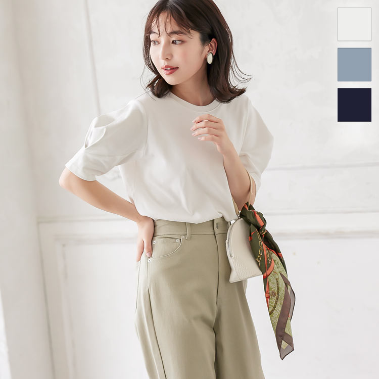 袖タックバルーンスリーブTシャツ [C5549] レディース トップス タック カットソー 体型カバー ゆったり シンプル tシャツ 半袖 五分袖 きれいめ おしゃれ 大人かわいい ボリューム袖 オフィス 無地 白 ネイビー【送料無料】のサムネイル