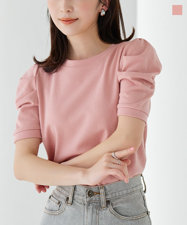 ≪4/27 24Hセール1000円≫ ボリュームスリーブTシャツカットソートップス [C5594SALE] レディース クルーネック 丸首 スリーブコンシャス きれいめ 五分袖 袖コンシャス パフスリーブ ぽわん袖 かわいい おしゃれ 通勤のサムネイル