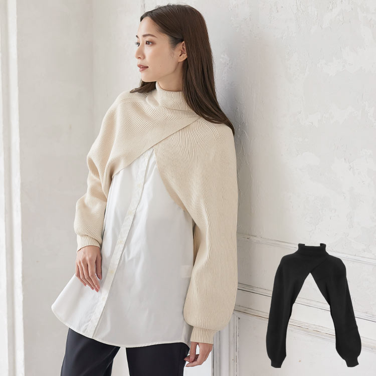 ショートカシュクールニット [C5857] レディース トップス ニット ショート丈 レイヤード フェミニン おしゃれ 大人 タートル ハイネック きれいめ カジュアル 秋冬 カシュクール風 ボリュームスリーブ 黒 ストレート 上品 無地【送料無料】 30代 40代 50代のサムネイル