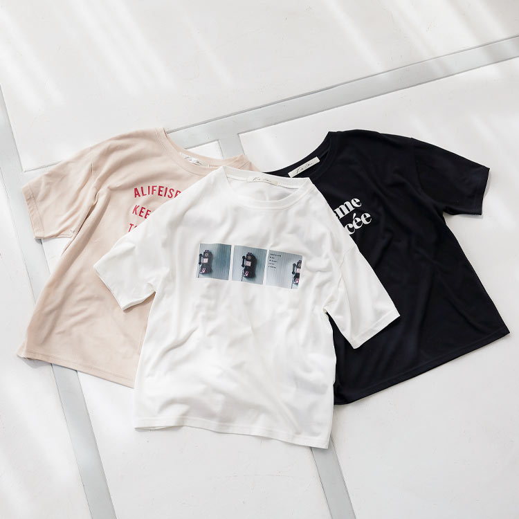 選べるプリント半袖Tシャツ [C6021] レディース トップス ロゴ カットソー 着回し 大人 ゆったり カジュアル 半袖 五分袖 リラックス デイリー プリント きれいめ 春 夏 黒 白 体型カバー 大人 シンプル 30代 40代 50代のサムネイル