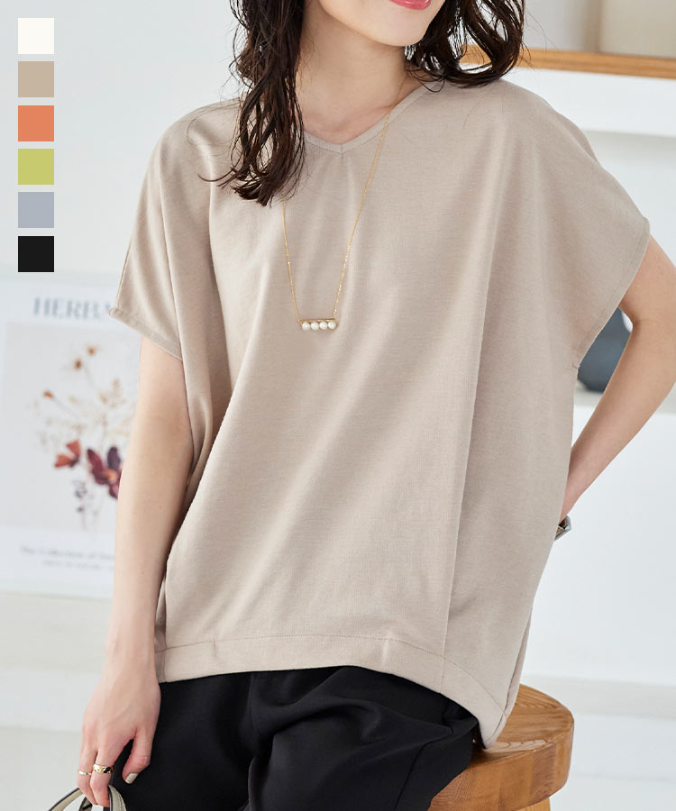 トップス 裾タック入り フレンチスリーブ カットソー [C6096] レディース Tシャツ Vネック チュニック 半袖 Vネック 裾タック 体型カバー ゆったり きれいめ カジュアル 大人 着回し デイリー 春 夏 黒 リラックス コットン混 綿混 オフィス ドルマン【送料無料】のサムネイル