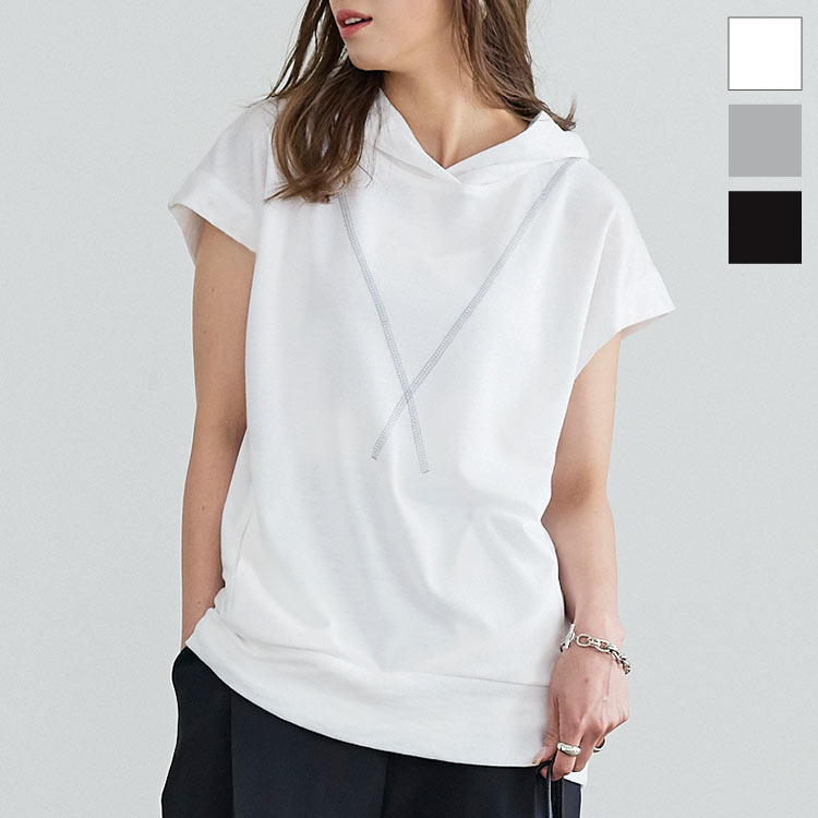 スウェットステッチフーディトップス [C6169] レディース トップス 半袖 パーカー フード 裏毛 Tシャツ ゆったり カジュアル カットソー 半袖パーカー 着回し きれいめ 大人 春 夏 黒 デイリー リラックス 体型カバー シンプル 無地 30代 40代 50代のサムネイル