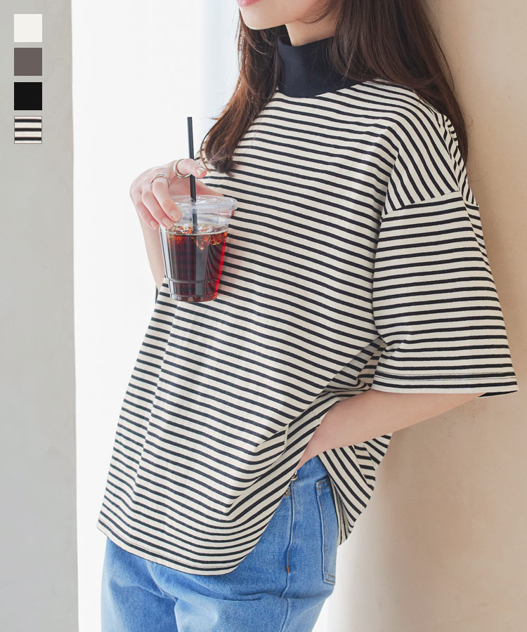 ≪5/2 人気カラー再販Start!!1490円 送料無料≫ Tシャツ ヘビーコットン ハイネック スリット [C6180] レディース 半袖 五分袖 綿100% コットン100% モックネック ヘビーウェイト 綿 ゆったり トップス 白 黒 ゆったり 夏 春 夏服 ティシャツ【送料無料】のサムネイル