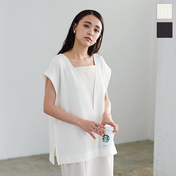 ワッフルベスト [C6223] レディース ワッフル ベスト レイヤード 重ね着 サマーベスト フレンチスリーブ ノースリーブ 半袖のサムネイル