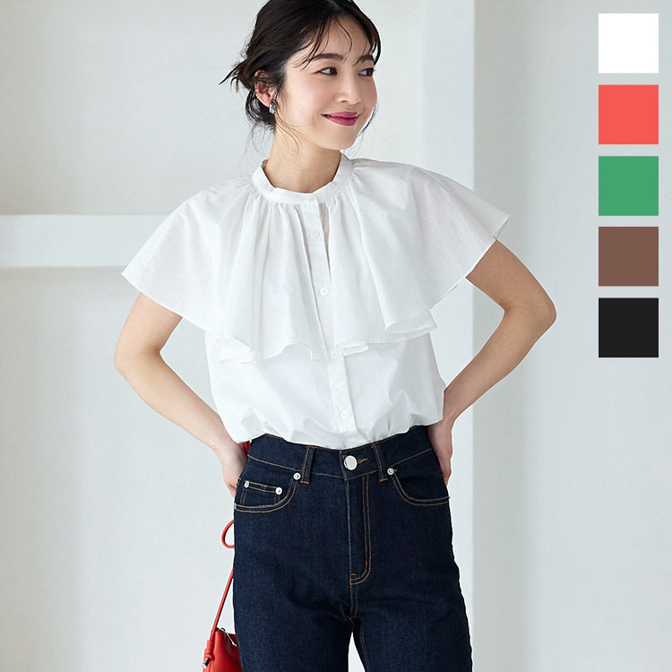 ビックカラーノースリーブブラウス [C6266] レディース トップス ブラウス 綿 コットン フリル フェミニン 襟フリル ノーカラー 二の腕カバー シアー きれいめ トレンド カジュアル 大人 春 夏 黒 白 デイリー オフィス 着回し