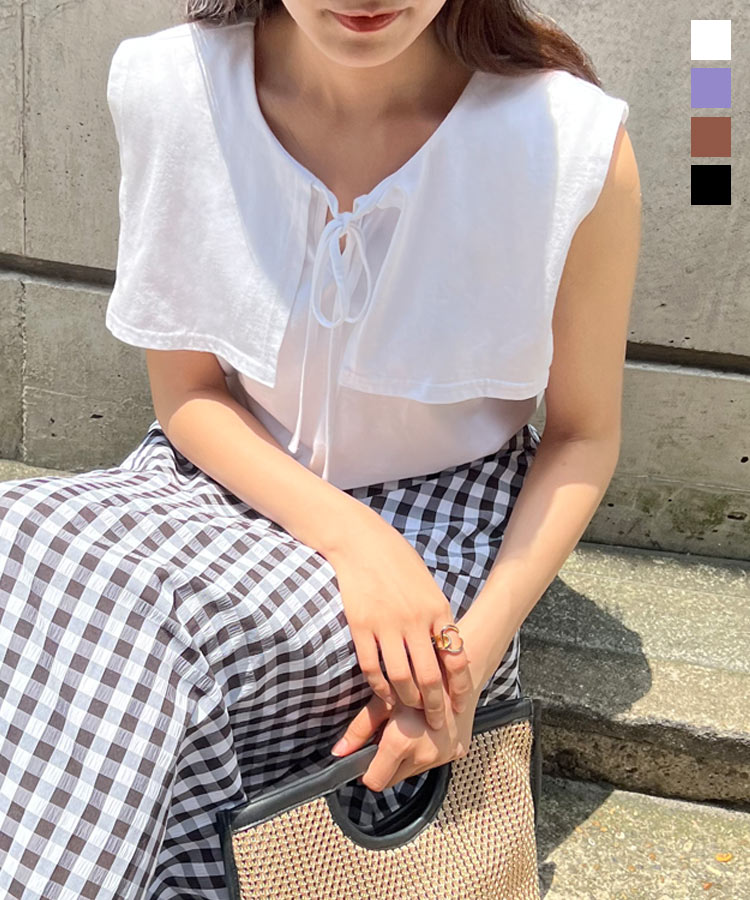 ≪6/4 24Hセール1490円 送料無料≫ 前後2way 襟付きカットソー レディース シャツ おしゃれ 重ね着 トップス Tシャツ 襟 セーラーカラー リボン コットン 綿 着回し ガーリー 大人 トレンド 体型カバー 夏 黒 [C6325] 【送料無料】【メール便】のサムネイル
