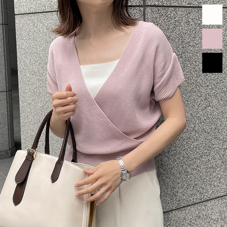 特別セール★送料無料！ カシュクールサマーニット [C6348] レディース トップス Vネック 半袖 韓国 オフィス オフィスカジュアル デコルテ 夏ニット レイヤード きれいめ カジュアル 体型カバー デイリー 大人 シンプル【送料無料】【メール便】のサムネイル