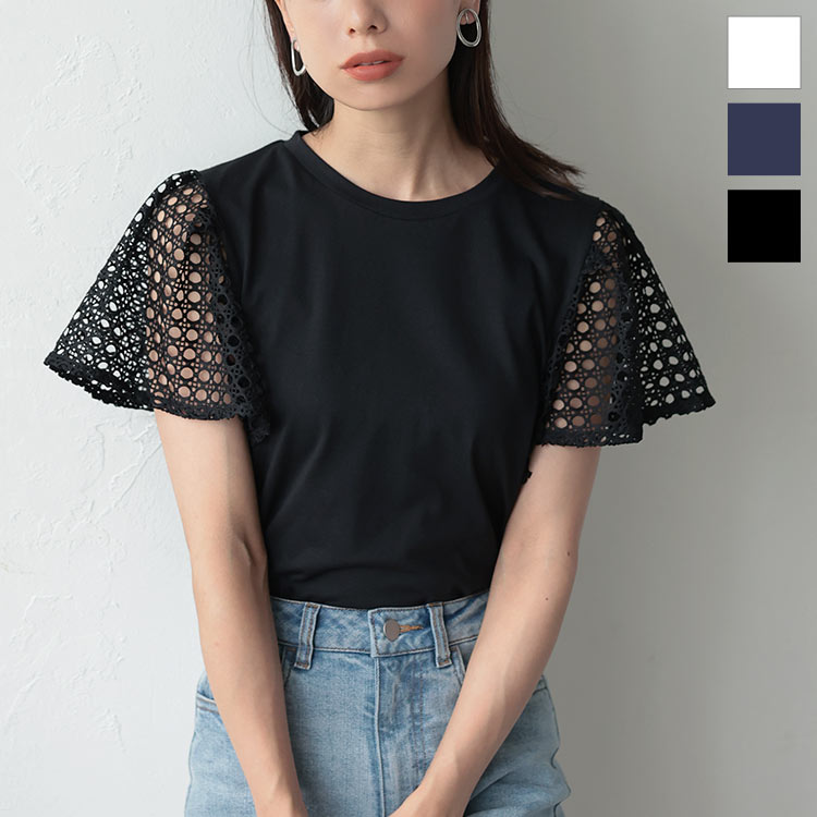 レース切り替え袖ドッキングTシャツ [C6353] レディース トップス メッシュ レース ドッキング 切り替え 二の腕カバー フェミニン 白 黒 夏 きれいめ カジュアル 大人 シンプル おしゃれ デイリー オフィス 着回し シンプル フレアスリーブ フリル 30代 40代 50代のサムネイル