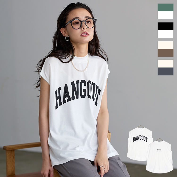モックネックフレンチロゴTシャツ [C6403] レディース プリント プリントT フレンチスリーブ カジュアル 体型カバー ゆったり トップス 大人 シンプル デイリー 着回し ロゴ リラックス レイヤード きれいめ 白 モックネック トレンド 30代 40代 50代のサムネイル
