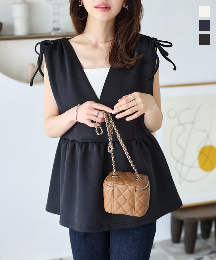 ≪6/3 24Hセール2490円 送料無料≫ ペプラム ベスト レディース Vネック おしゃれ 白 黒 かわいい トレンド 流行 30代 40代 ポンチ トップス カジュアル きれいめ ネイビー お洒落 体型カバー チュニック丈 [C6635] 【送料無料】【メール便】のサムネイル