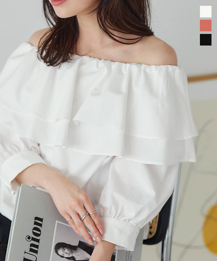 ダブルカラー オフショル ブラウス 7分袖 レディース きれいめ かわいい 白 黒 レディースブラウス シャツ 春 夏 春夏 オフショルダー ボートネック ぽわん袖 ショート丈 クロップド 20代 30代 40代 肌見せ 肩出し 白ブラウス 大人 可愛い おしゃれ フェミニン [C6741]のサムネイル
