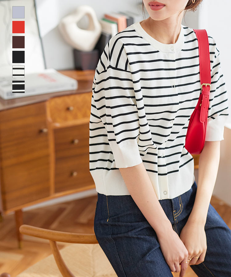 ≪8/4 新発売!!2790円 送料無料≫ スナップボタンニットカーディガン [C6842] レディース サマーニット トップス カーデ 羽織り 5分袖 半袖 スポンジニット ブルー レッド カラー Uネック 丸首 前開き ボタン ポリエステル【送料無料】【メール便】のサムネイル